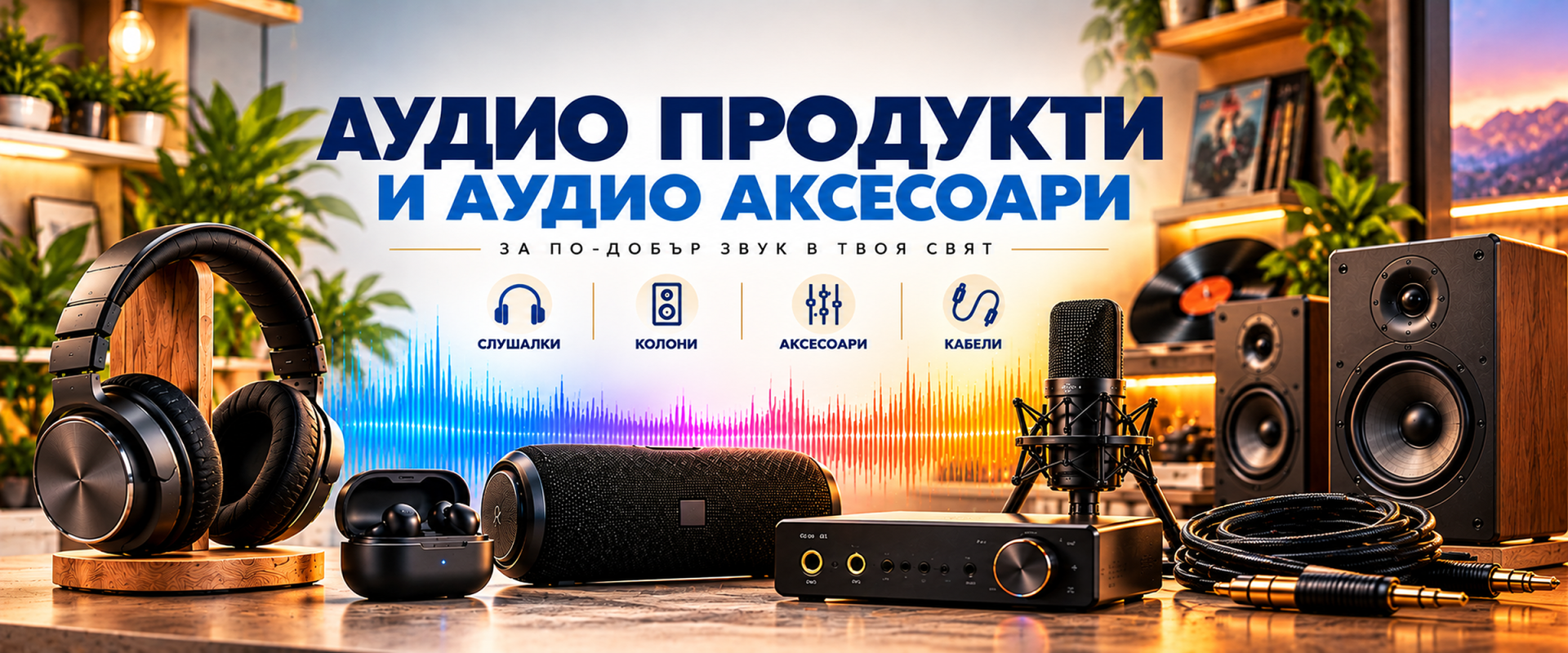 Аудио и аксесоари — слушалки, колони и кабели