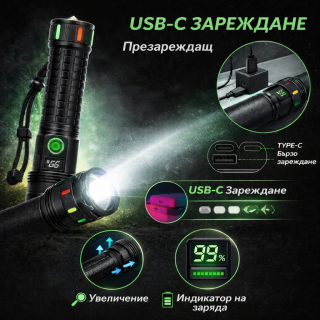 Акумулаторен LED фенер JMK-621, батерия 26650, USB-C и 3 режима, LED дисплей