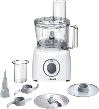 Кухненски робот Bosch MCM3100W, MultiTalent 3, 800 W, BPA, пластмасова купа 2.3 л, двустранен диск за рязане и рендосване, приставка за тесто, бял