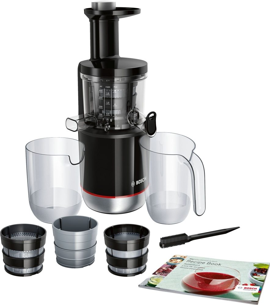 Сокоизстисквачка Bosch MESM731M, бавнооборотна VitaExtract 150 W, 55 об/мин, 1 скорост + реверс, тританов шнек, лост MixControl, съд за сок 1 л, съд за каша 1,3 л, 3 филтъра (фин, едър и сорбе), черен / четкана неръждаема стомана
