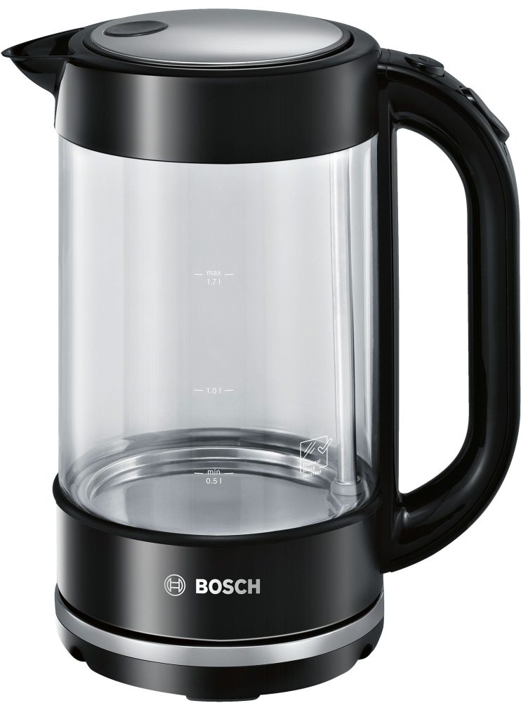 Bosch TWK70B03 стъклена кана, 2000-2400 W, вместимост 1.7 л, автоматично изключване, стъкло/черно