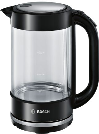 Bosch TWK70B03 стъклена кана, 2000-2400 W, вместимост 1.7 л, автоматично изключване, стъкло/черно