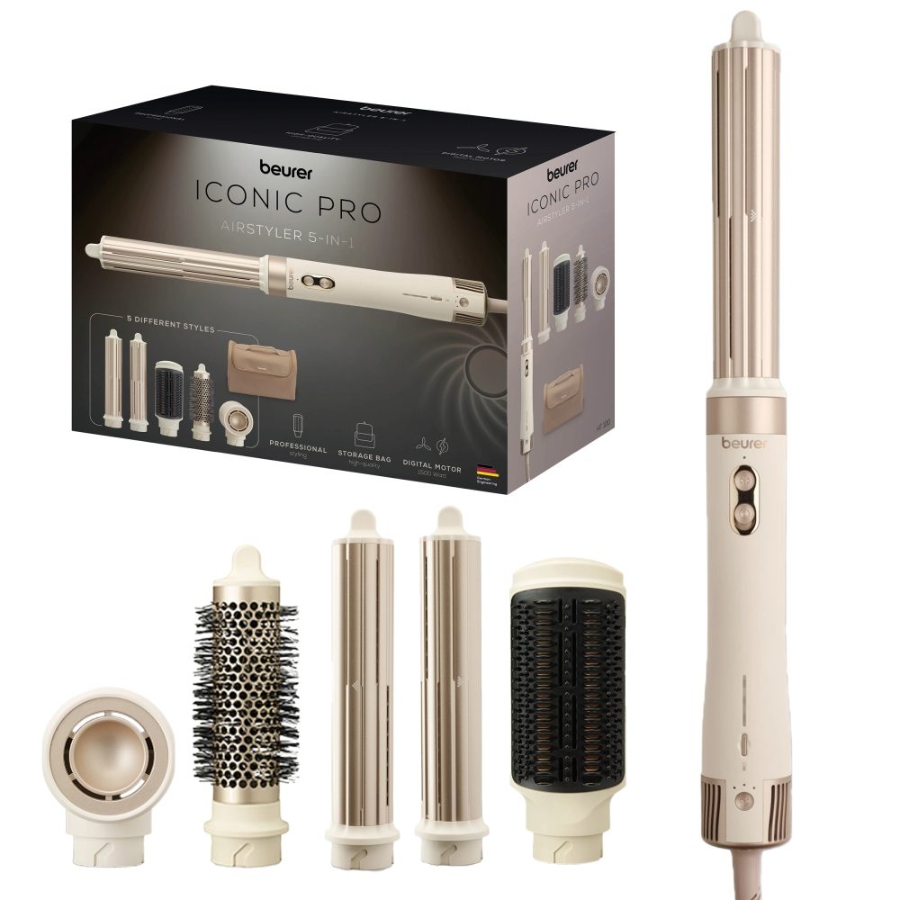 Beurer HT 100 Multistyler, Airstyler 5-in-1, Ceramic-tourmaline coating; Quiet up to 75 dB; 3 настройки на въздуха и температурата; чанта за съхранение и термозащитна ръкавица