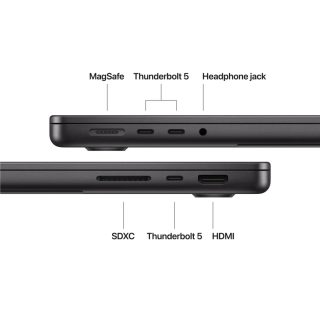Apple 14-инчов MacBook Pro: Apple M5 Pro чип с 15-ядрен CPU и 16-ядрен GPU, 24GB, 2TB SSD - Space Black