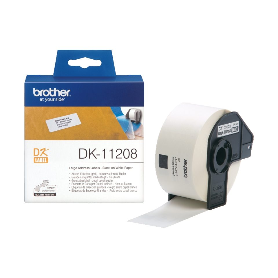 Brother DK-11208 Large Address Paper Labels, 38mm x 90mm, 400 labels per roll (Black on White)