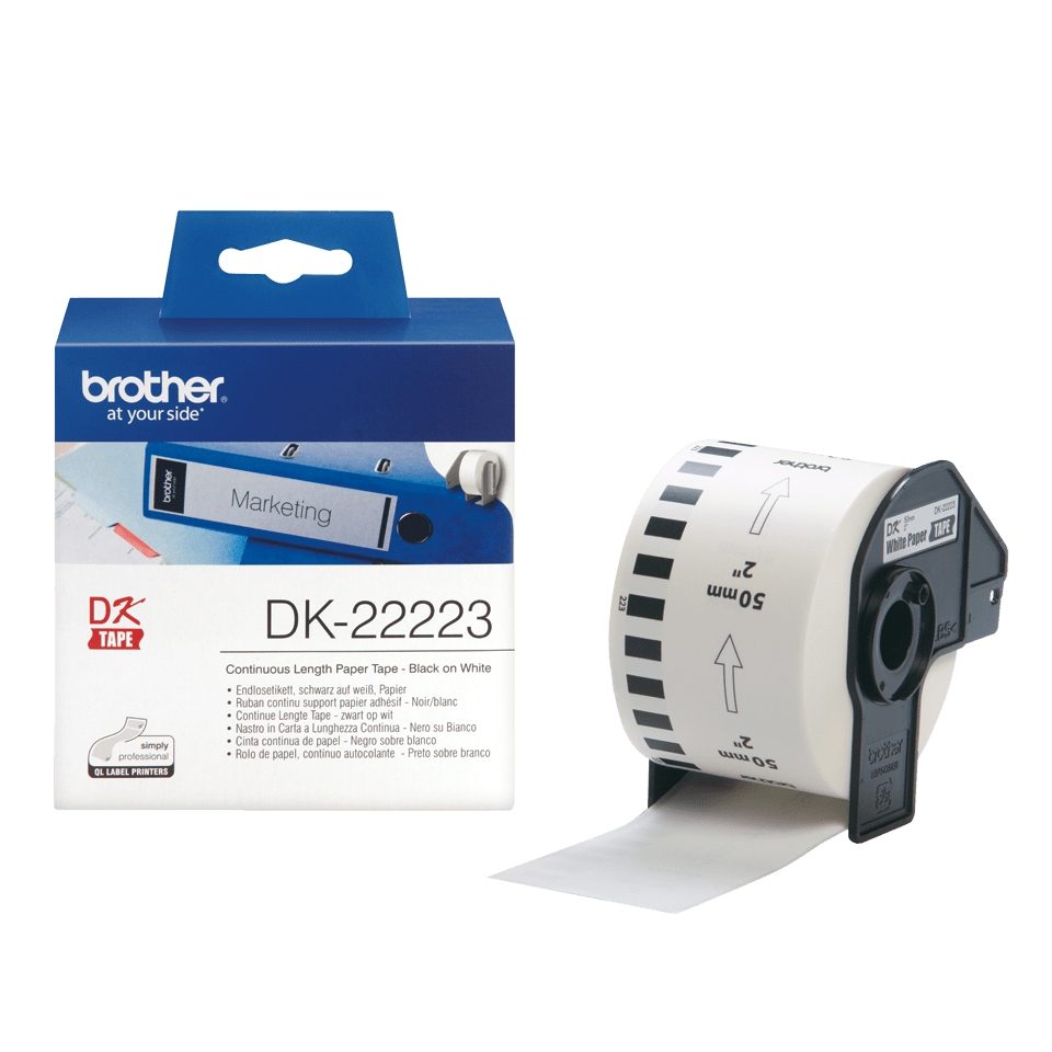 Brother DK-22223 Бяла непрекъсната хартиена лента 50мм x 30.48м, черно на бяло