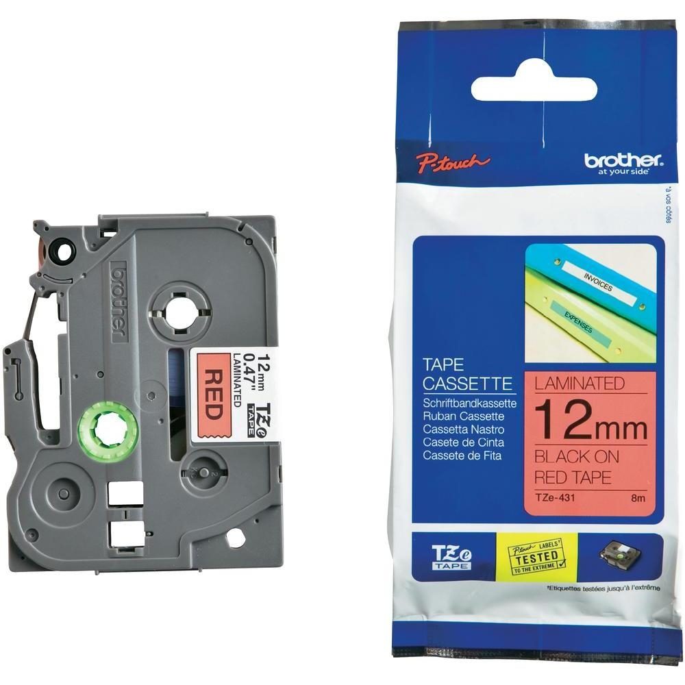 Brother TZe-431 етикет лента, гланц черен върху червен, 12mm, 8m