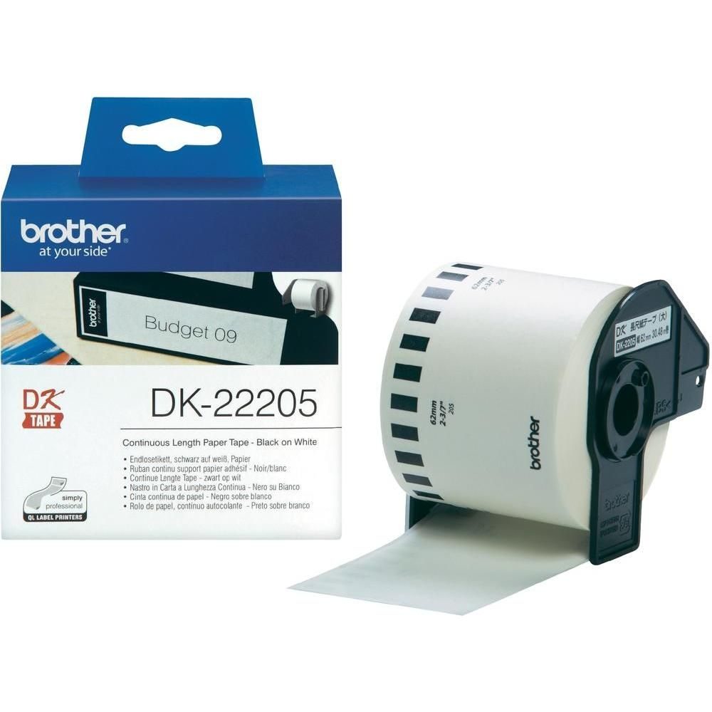 Brother DK-22205 Ролка бяла непрекъсната хартиена лента 62мм x 30.48м (черно на бяло)