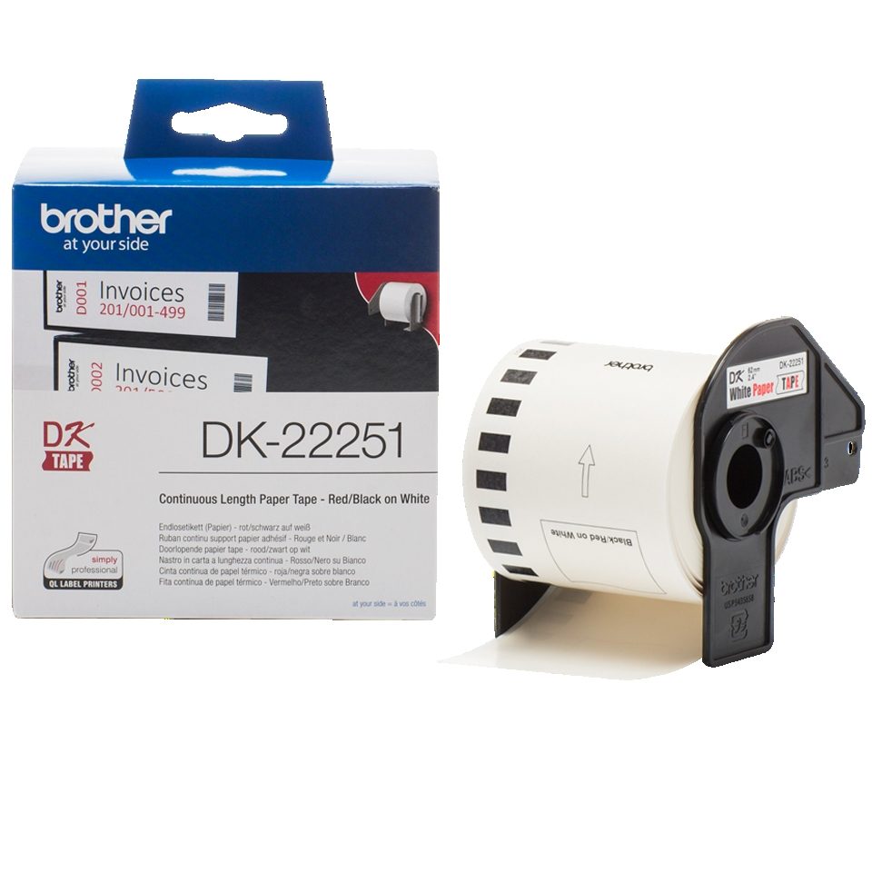 Brother DK-22251 ролка, черна и червена върху бяла непрекъсната хартиена лента, 62мм x 15.24м