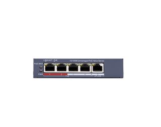 HikVision 4-портов Fast Ethernet неуправляем PoE суич, 4 x 10/100 Mbps PoE порта, 1 x 10/100 Mbps RJ45 порт, общ PoE бюджет 45W, до 300 m дългообхватна PoE трансмисия, 6 kV защита от пренапрежение