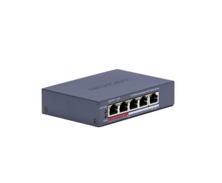 HikVision 4-портов Fast Ethernet неуправляем PoE суич, 4 x 10/100 Mbps PoE порта, 1 x 10/100 Mbps RJ45 порт, общ PoE бюджет 45W, до 300 m дългообхватна PoE трансмисия, 6 kV защита от пренапрежение