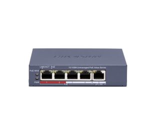 HikVision 4-портов Fast Ethernet неуправляем PoE суич, 4 x 10/100 Mbps PoE порта, 1 x 10/100 Mbps RJ45 порт, общ PoE бюджет 45W, до 300 m дългообхватна PoE трансмисия, 6 kV защита от пренапрежение