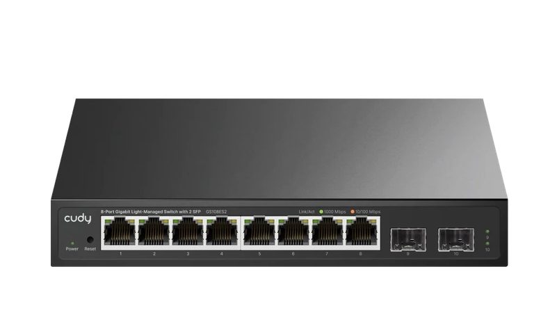 Cudy GS108ES2 8-портов Gigabit Easy-Managed Switch 10/100/1000M RJ45 порта 2 Gigabit SFP порта Настолен метален корпус Локално управление през Web GUI поддръжка STP/RSTP MAC управление Cudy Cloud APP