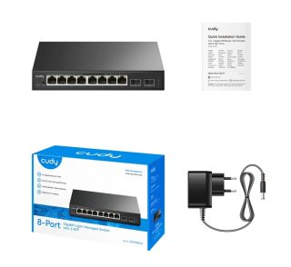 Cudy GS108ES2 8-портов Gigabit Easy-Managed Switch 10/100/1000M RJ45 порта 2 Gigabit SFP порта Настолен метален корпус Локално управление през Web GUI поддръжка STP/RSTP MAC управление Cudy Cloud APP
