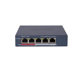HikVision 4-портов Fast Ethernet Smart POE суич, 4 x 10/100 Mbps PoE порта, 1 x 10/100 Mbps RJ45 порт, общ PoE бюджет 45W, до 300 m дълго разстояние PoE предаване, 6 kV защита от пренапрежение