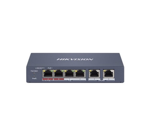 HikVision 4 Port Fast Ethernet Smart POE Switch, 4 x 100 Mbps PoE RJ45 порта, 2 x 100 Mbps мрежови RJ45 порта, общ PoE бюджет 60 W, до 300 m дълга дистанция PoE, 6 kV защита от пренапрежение