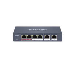HikVision 4 Port Fast Ethernet Smart POE Switch, 4 x 100 Mbps PoE RJ45 порта, 2 x 100 Mbps мрежови RJ45 порта, общ PoE бюджет 60 W, до 300 m дълга дистанция PoE, 6 kV защита от пренапрежение