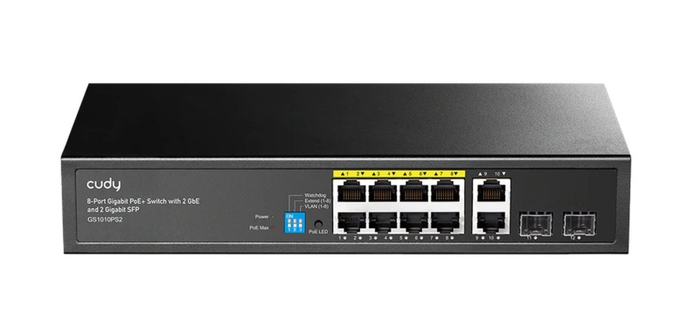 Cudy GS1010PS2 8-портов Gigabit PoE+ комутатор с 2 Gigabit Uplink порта и 2 Gigabit SFP слота 120W