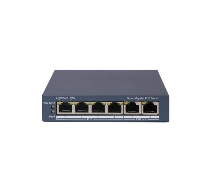 HikVision 4-портов Gigabit Smart POE Switch, 4 x Gigabit PoE порта, 2 x Gigabit RJ45 порта, общ PoE бюджет 60W, до 300 m дълго разстояние PoE предаване, 6 KV защита от пренапрежение