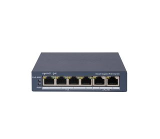 HikVision 4-портов Gigabit Smart POE Switch, 4 x Gigabit PoE порта, 2 x Gigabit RJ45 порта, общ PoE бюджет 60W, до 300 m дълго разстояние PoE предаване, 6 KV защита от пренапрежение