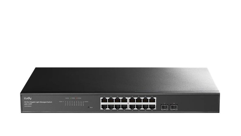 Cudy GS1016ES2 16-портов Gigabit Light Managed Switch с 2 SFP, 19 инча, 16 Gigabit RJ45 порта + 2 SFP слота, за монтаж в стойка, стоманен корпус