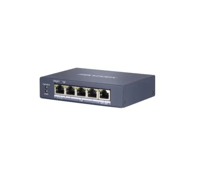 HikVision 4-портов Gigabit неуправляем POE суич, 3 x Gigabit PoE порта, 1 x Gigabit Hi-PoE порт и 1 x Gigabit RJ45 порт, общ PoE бюджет 60W, до 300 m дълго разстояние PoE предаване, 6 kV защита от пренапрежение