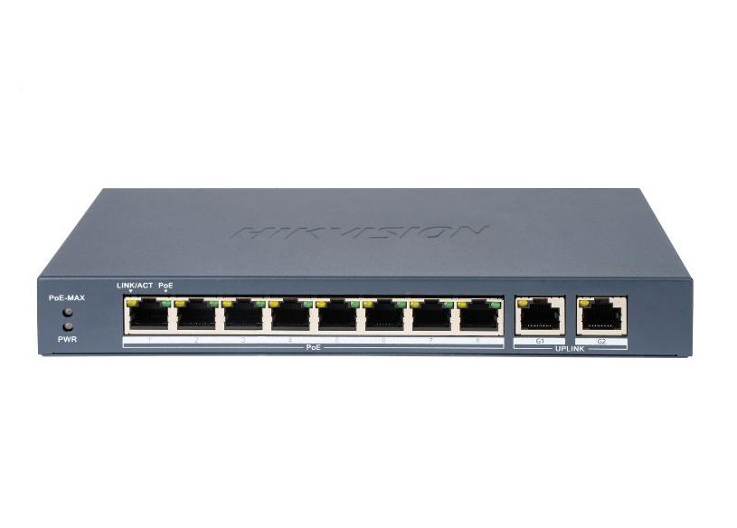 HikVision 8-портов Fast Ethernet неуправляем POE суич, 8 x 10/100 Mbps PoE порта и 2 x Gigabit RJ45 порта, общ PoE бюджет 80W, до 300 m дълго разстояние PoE предаване, 6 KV защита от пренапрежение