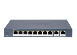 HikVision 8-портов Fast Ethernet неуправляем POE суич, 8 x 10/100 Mbps PoE порта и 2 x Gigabit RJ45 порта, общ PoE бюджет 80W, до 300 m дълго разстояние PoE предаване, 6 KV защита от пренапрежение