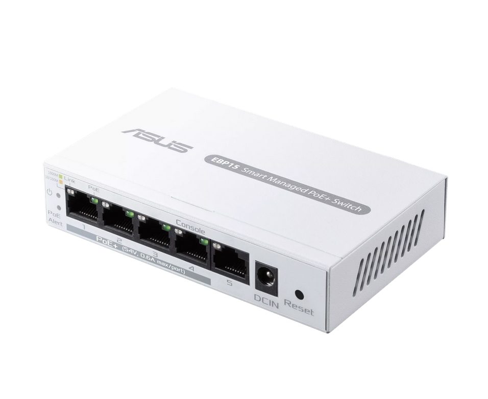 Asus Business 5Port Smart Managed Switch PoE+, ExpertWiFi EBP15, 4 ports PoE+, 60W, VLAN, QoS, Port Mirroring, wall mounting, White