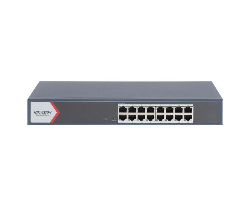 HikVision 16-портов Gigabit Smart Switch, 16 x Gigabit RJ45 порта, Link aggregation, комутационен капацитет 56 Gbps, 6 kV защита от пренапрежение