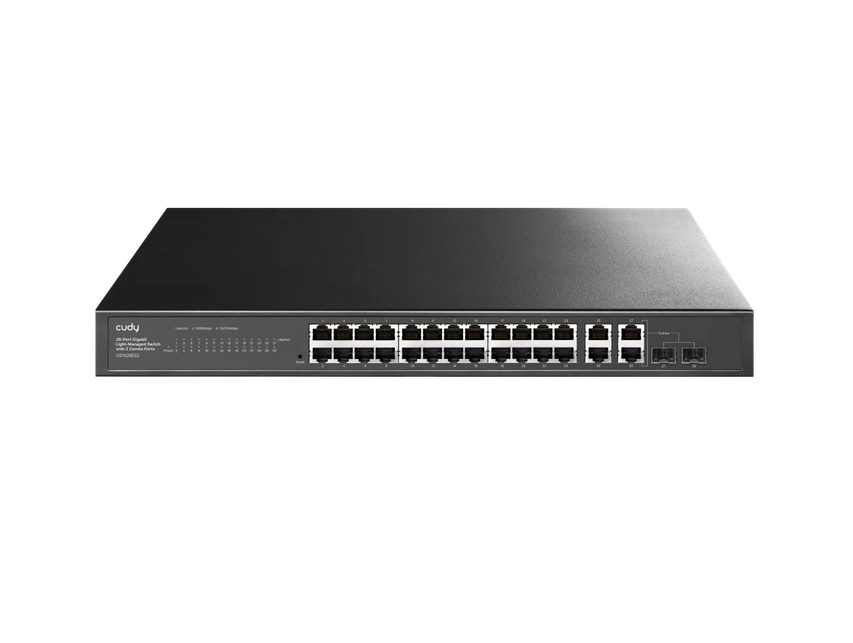 Cudy GS1028ES2 26-портов Gigabit Easy-Managed Switch, 10/100/1000M RJ45 порта, 2 Gigabit Combo порта, 19-инчов rack-mount стоманен корпус (включени rack-mount комплекти) 802.1Q/MTU/Port Based/Voice VLAN, MAC Management, Cudy Cloud APP