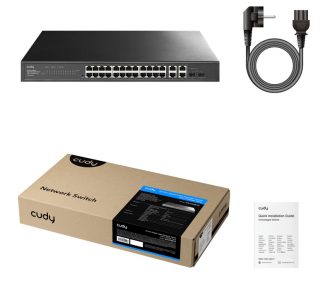 Cudy GS1028ES2 26-портов Gigabit Easy-Managed Switch, 10/100/1000M RJ45 порта, 2 Gigabit Combo порта, 19-инчов rack-mount стоманен корпус (включени rack-mount комплекти) 802.1Q/MTU/Port Based/Voice VLAN, MAC Management, Cudy Cloud APP