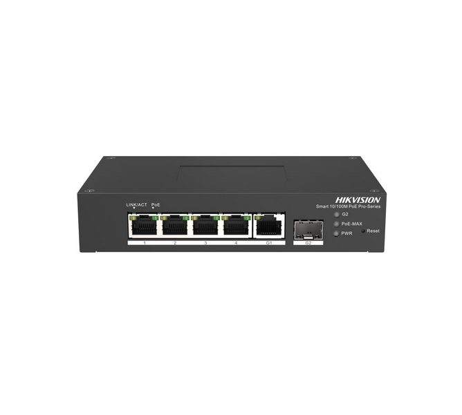 HikVision 6-портов Fast Ethernet Smart Harsh PoE суич, 4x 10/100 Mbps PoE порта, 1x Gigabit RJ45 порт, 1x Gigabit оптичен порт, Power Budget 60W, до 300 m Long Range PoE предаване, широк температурен диапазон от -30 °C до 65 °C