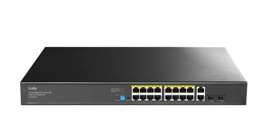 Cudy GS1018PS2 16-портов Gigabit PoE+ суич с 2 uplink Gigabit порта и 2 Gigabit SFP слота, 200W