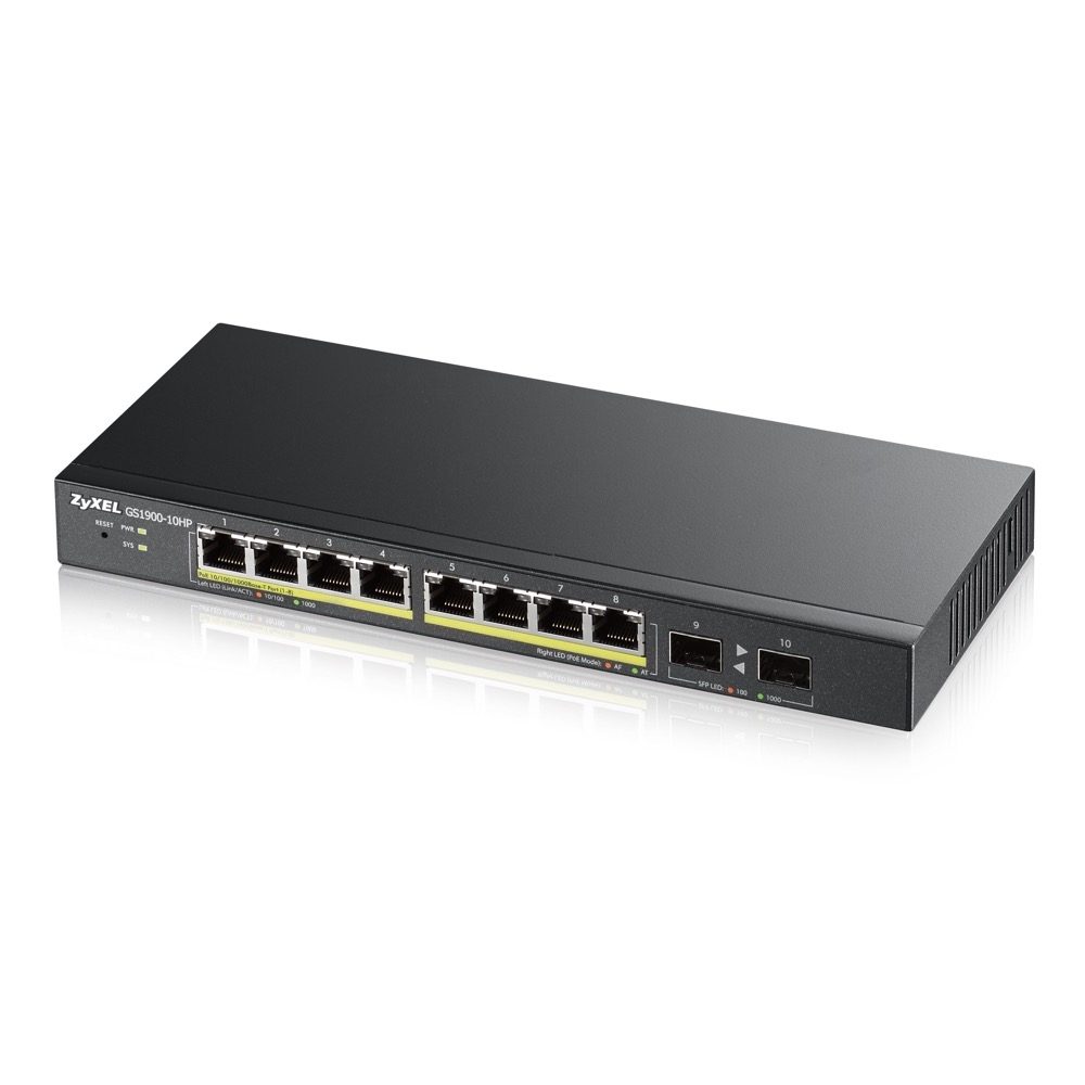 ZyXEL GS1900-10HP v2, 8-Port GbE L2 PoE Smart Switch + 2 SFP слота, 802.3at, настолен, без вентилатор, 70 вата