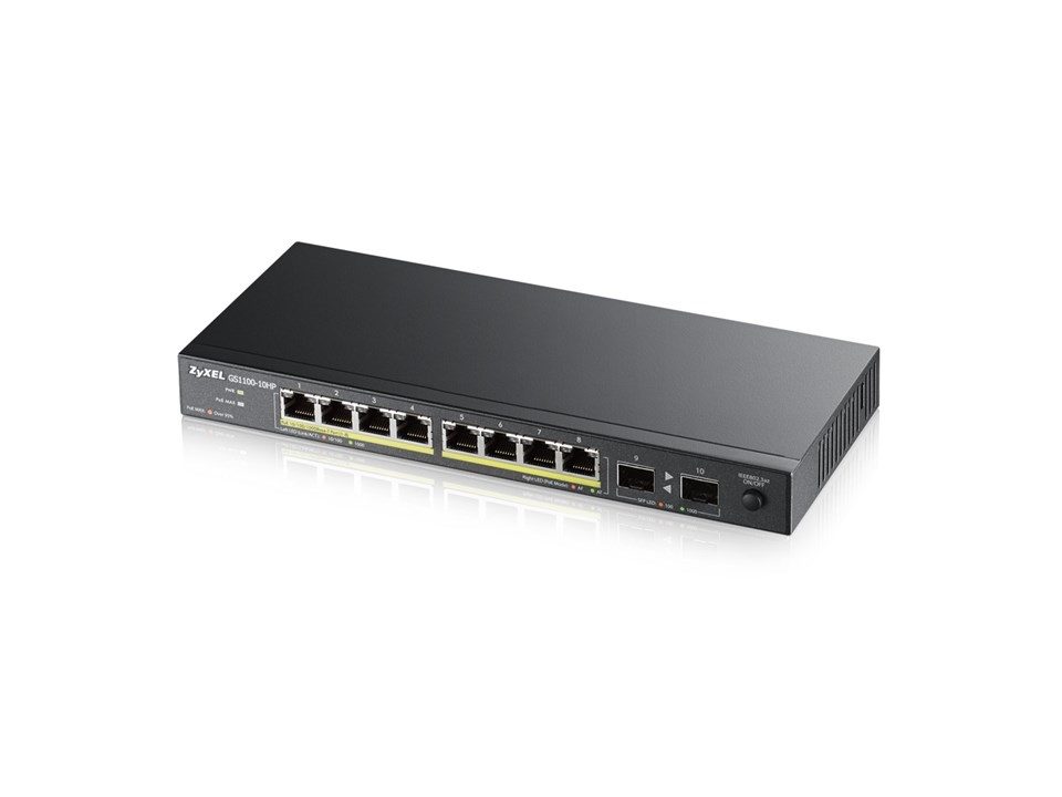 ZyXEL GS1100-10HP v2, неуправляем PoE 8x Gigabit, 2x Fiber Uplink, 120 Watt PoE