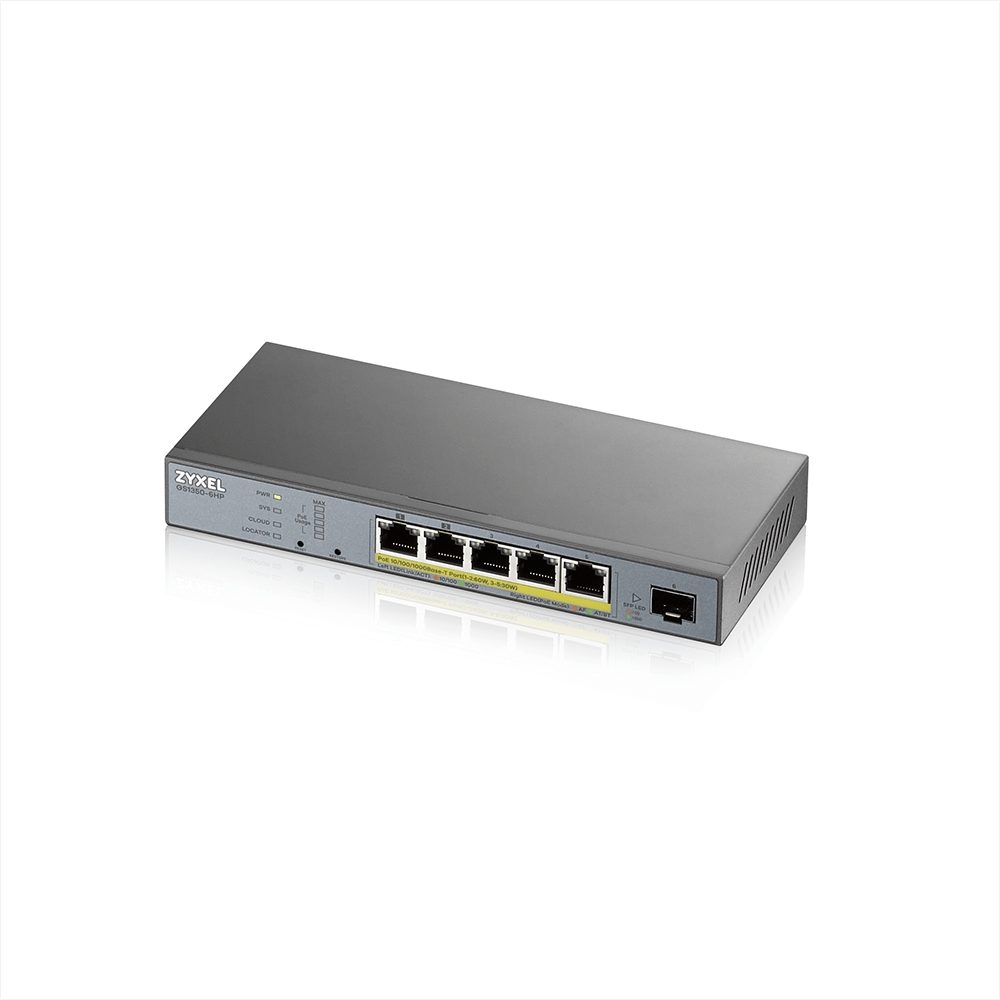ZyXEL GS1350-6HP управляем комутатор за CCTV, 6 порта, дълъг обхват, 60W, 802.3bt