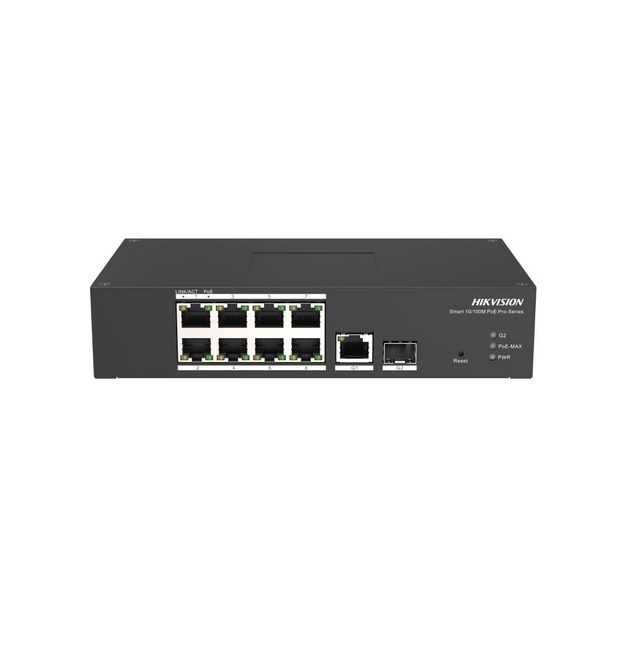 Hikvision 10-Port Fast Ethernet Smart Harsh POE Switch, 8x 10/100 Mbps PoE порт, 1x Gigabit RJ45 порт, 1x Gigabit оптичен порт, Power Budget 110W, до 300 m Long Range PoE предаване, широк температурен диапазон -30 °C до 65 °C