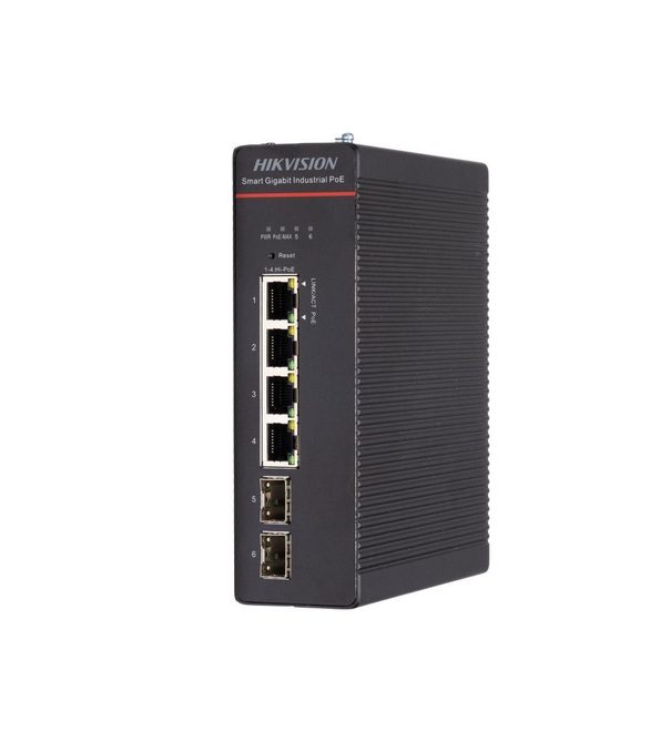 HikVision Индустриален умен управляем PoE суич, 4 x Gigabit PoE порт, 2 x Gigabit оптичен порт, PoE захранващ бюджет 300 W