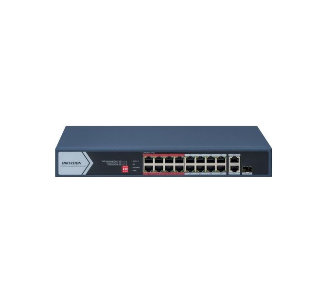 HikVision 16-портов Fast Ethernet неуправляем PoE суич, 16 x 10/100 Mbps PoE порта, 1 x Gigabit RJ45 порт, 1 x Gigabit комбо