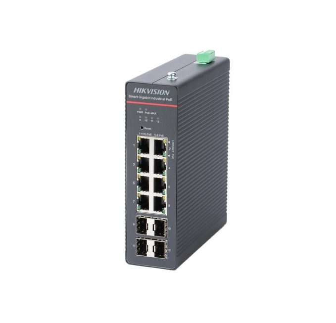 HikVision 8-портов Gigabit Smart Managed индустриален PoE суич, 8 x Gigabit PoE RJ45 порта, 4 x Gigabit SFP оптични порта, PoE мощностен бюджет 300 W, предаване на дълги разстояния до 300 m, защита от пренапрежение 6 kV, широк температурен диапазон от -40 °C до 75 °C