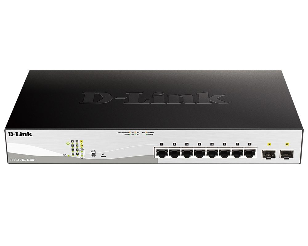 D-Link 10-портов Gigabit PoE+ Smart Switch с 2 SFP порта, PoE бюджет 130W
