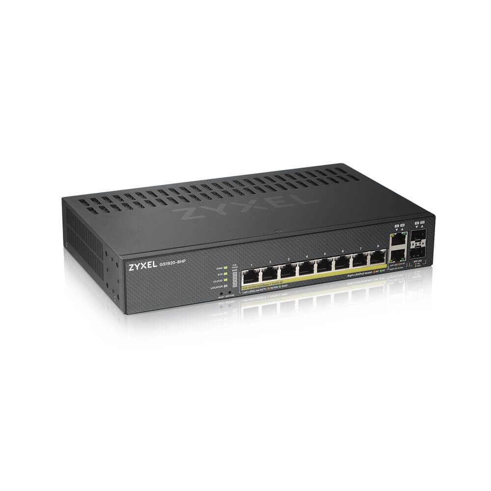 ZyXEL GS1920-8HPv2, 10-портов интелигентен управляем суич с 8x Gigabit медни и 2x Gigabit двойни портове, хибриден режим, самостоятелен или NebulaFlex Cloud, 130 W PoE, без вентилатор