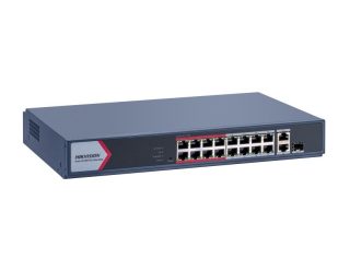 Hikvision 16 портов Fast Ethernet интелигентен PoE комутатор, 16 x 10/100M PoE порта, 1 x Gigabit RJ45 порт, 1 x Gigabit комбо, общ PoE бюджет 130 W, до 300 m дълго обхватно PoE предаване, 6 kV защита от пренапрежение