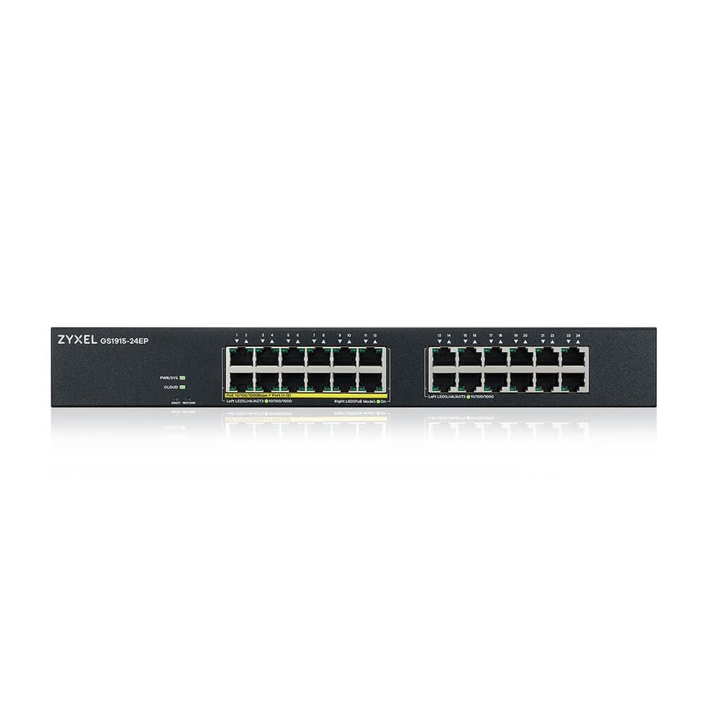 ZyXEL GS1915-24EP, 24-портов GbE, 12 порта PoE, 130 Watt 802.3at, rackmount, без вентилатор, Smart hybrid mode Switch, standalone или NebulaFlex Cloud