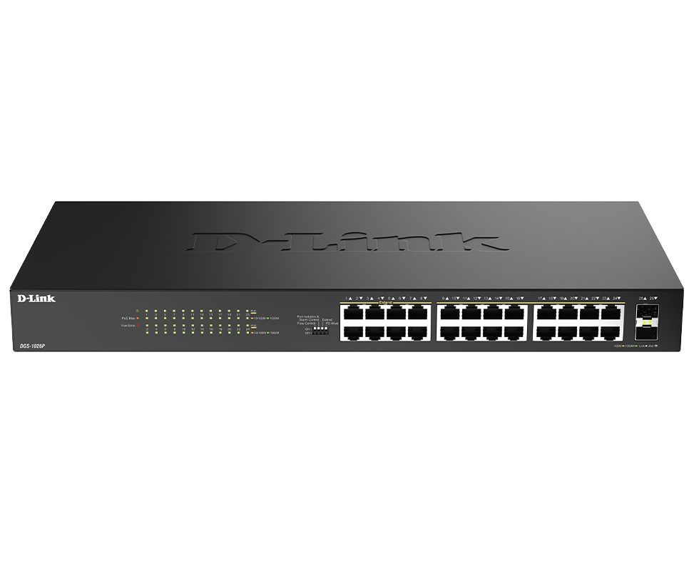 D-Link 24-портов десктоп Gigabit PoE суич с 2 x 100/1000Mbps Combo порта