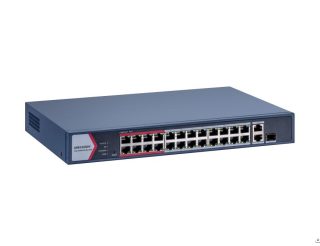 HikVision 24 Port Fast Ethernet Smart POE Switch, 24 x 10/100M PoE порта, 1 x Gigabit combo, 1 x Gigabit RJ45 порт, Power Budget 230W, до 300 m Long Range PoE предаване, 6 kV защита от пренапрежение