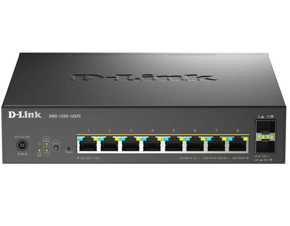 D-Link 8-Port 2.5G Base-T PoE, 2-port 10G SFP+ и 2x 10G RJ45 порт Smart Managed Switch