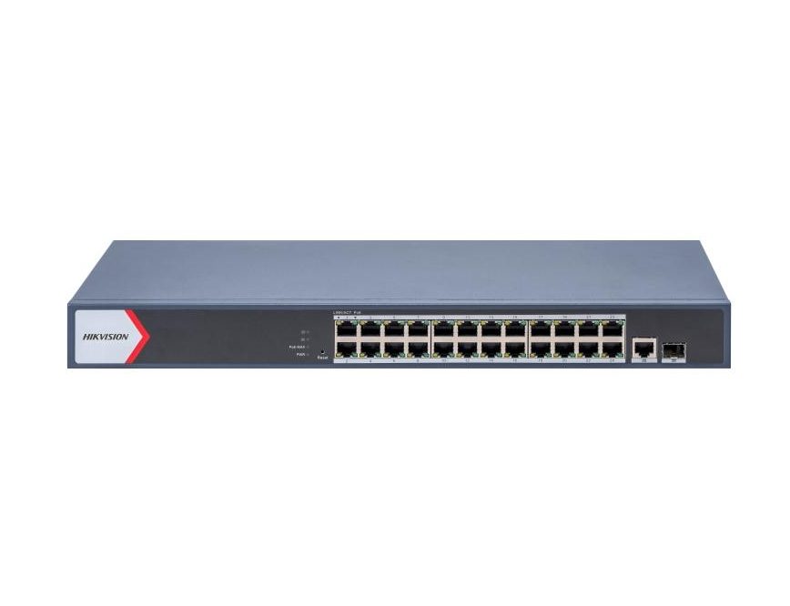 HikVision 24-портов Gigabit Smart POE суич, 24 x Gigabit PoE порта, 1 x Gigabit RJ45 порт, 1 x Gigabit оптичен порт, Power Budget 370W, до 300 m Long Range PoE предаване, 6 kV защита от пренапрежение
