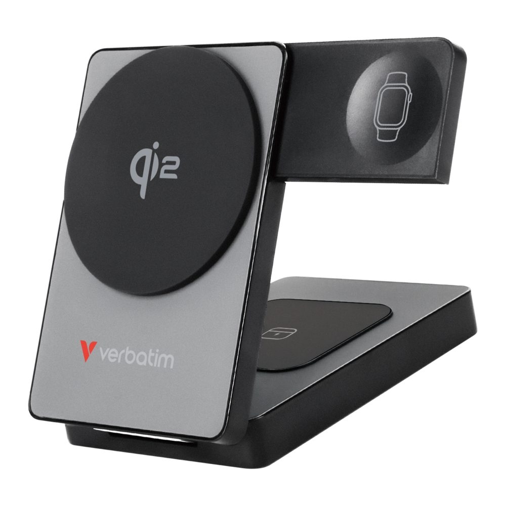 Verbatim Foldable 3-in-1 Qi2 Magnetic Wireless Power Bank 5000 mAh Grey